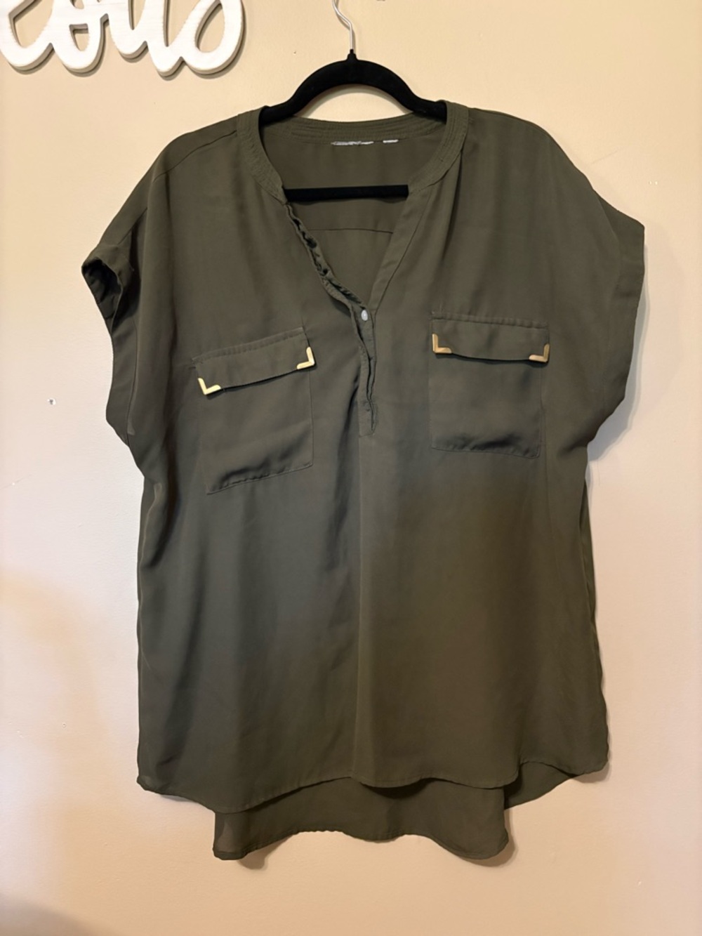New York & Company Olive Utility V-Neck Blouse